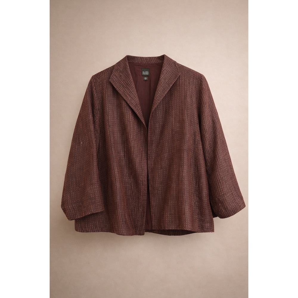 Eileen Fisher Merlot Silk Textured Boxy Open Front Lightweight Jacket Large